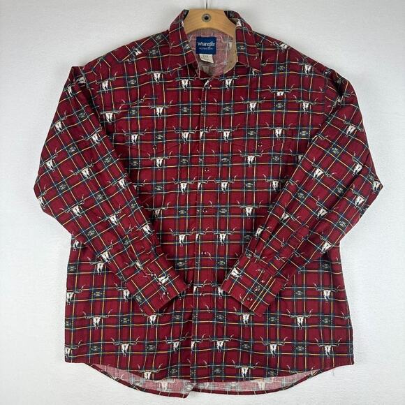 Wrangler Western Red Blue Plaid Bull Skull Red Pearl Snap‎ Long Sleeve Shirt XL - Picture 1 of 8